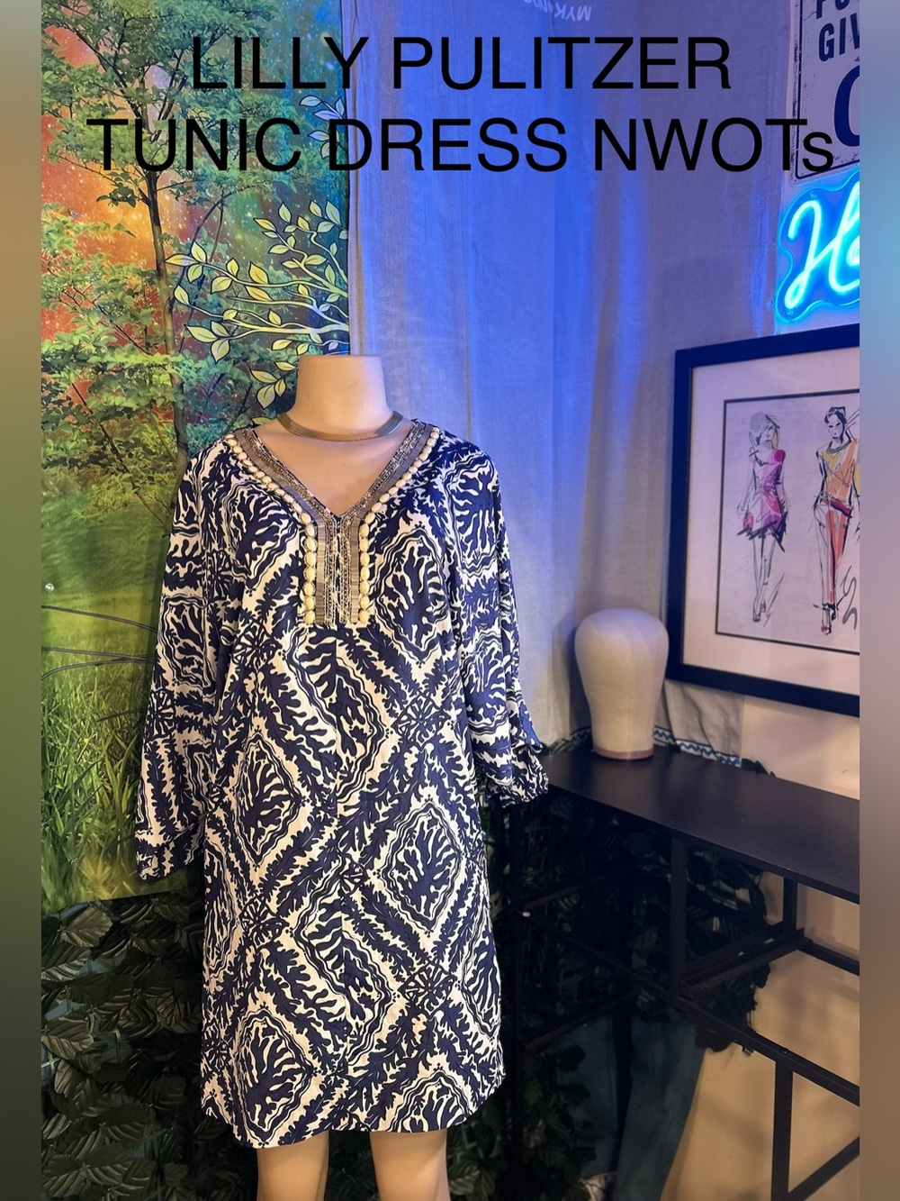Lilly Pulitzer Navy and White Beaded V-Neck Tunic Dress NWOTs
